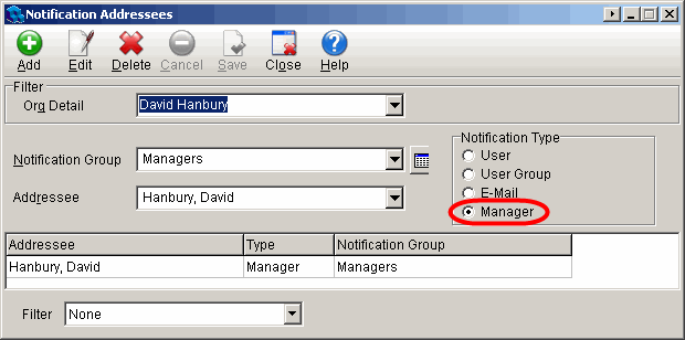 notification addressees dialog