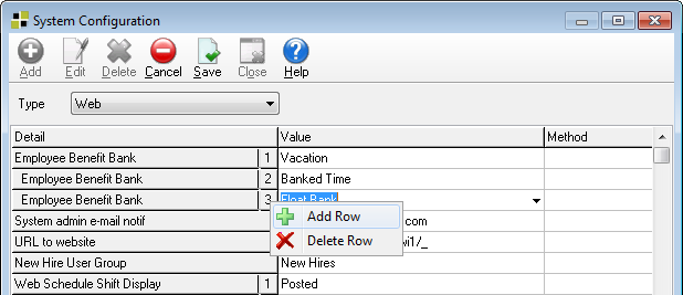 system config, add row